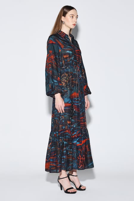 Dark Hour_Multi Color Cotton Collared Printed Maxi Dress _Online_at_Aza_Fashions