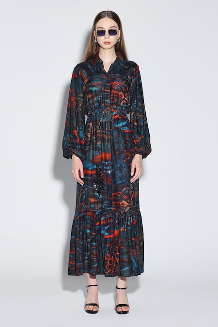 Dark Hour_Multi Color Cotton Collared Printed Maxi Dress _at_Aza_Fashions