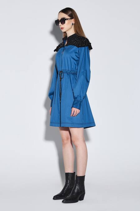 Buy_Dark Hour_Blue Cotton Satin Beads Collared Designer Clara Dress _Online_at_Aza_Fashions
