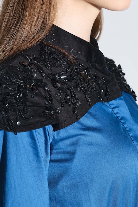 Shop_Dark Hour_Blue Cotton Satin Beads Collared Designer Clara Dress _Online_at_Aza_Fashions