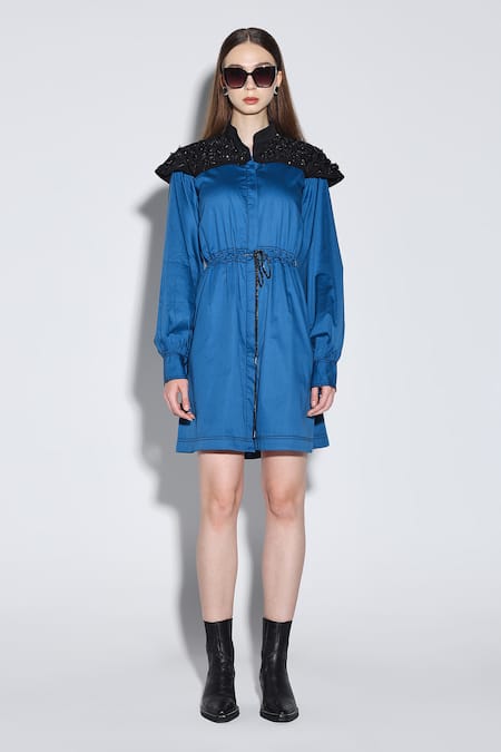 Dark Hour_Blue Cotton Satin Beads Collared Designer Clara Dress _at_Aza_Fashions