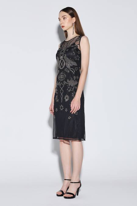 Dark Hour_Black Polyester Embroidery Round Neck Midi Dress _Online_at_Aza_Fashions
