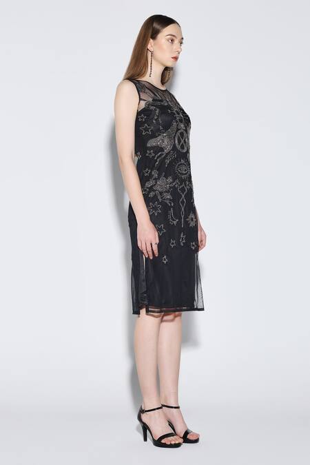 Buy_Dark Hour_Black Polyester Embroidery Round Neck Midi Dress _Online_at_Aza_Fashions