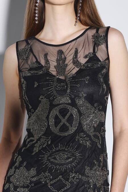 Shop_Dark Hour_Black Polyester Embroidery Round Neck Midi Dress _Online_at_Aza_Fashions