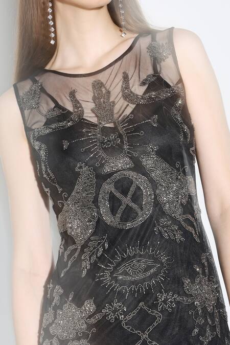 Dark Hour_Black Polyester Embroidery Round Neck Midi Dress _at_Aza_Fashions