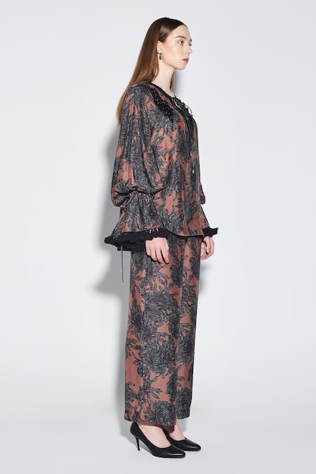 Dark Hour_Brown Cotton Embroidery Keyhole Neck Floral Print Mocha Co-ord Set _Online_at_Aza_Fashions