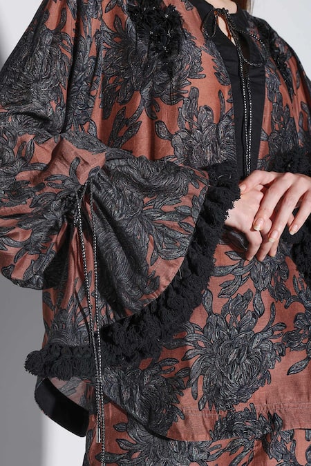 Buy_Dark Hour_Brown Cotton Embroidery Keyhole Neck Floral Print Mocha Co-ord Set _Online_at_Aza_Fashions