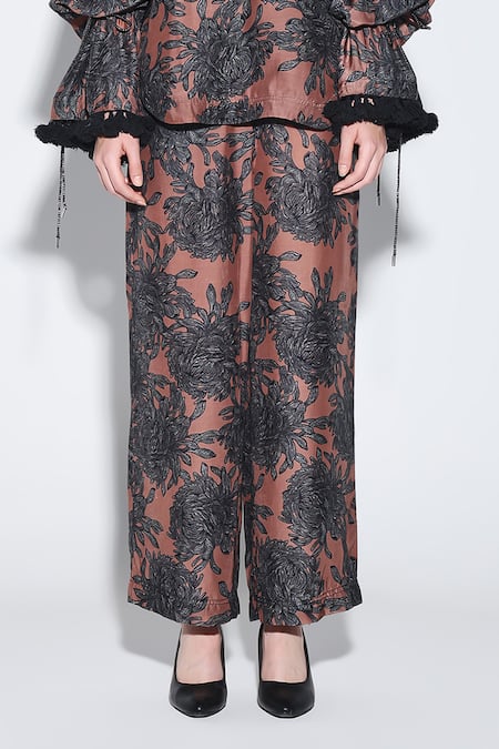 Dark Hour_Brown Cotton Embroidery Keyhole Neck Floral Print Mocha Co-ord Set _at_Aza_Fashions