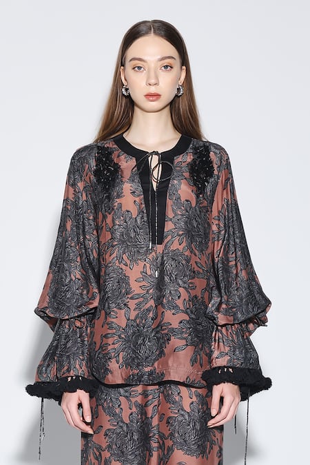 Buy_Dark Hour_Brown Cotton Embroidery Keyhole Neck Floral Print Mocha Co-ord Set 