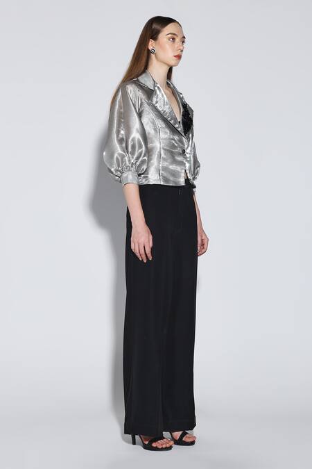 Buy_Dark Hour_Gray Polyester, Nylon Fabric Flowers Collared Silver Lira Bollero Jacket _Online_at_Aza_Fashions