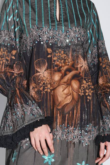 Dark Hour Multi Color Cotton Satin Embroidery Round Neck Timber Heart Printed Dress at Aza Fashions Dark Hour_Multi Color Cotton Satin Embroidery Round Neck Timber Heart Printed Dress _at_Aza_Fashions