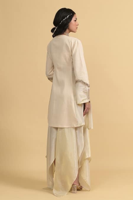 Rishi and Vibhuti Ivory Chanderi Silk Jacket Pant Set 