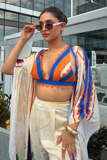 Shop_Mandira Wirk Resort_Ivory Satin Embroidery Scoop Neck Floral Print Cape And Bustier Pant Set 