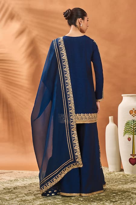 Shop Masaba Blue Silk, Organza Embroidery V-neck Trikone Sharara Set at Aza Fashions Shop_Masaba_Blue Silk, Organza Embroidery V-neck Trikone Sharara Set _at_Aza_Fashions