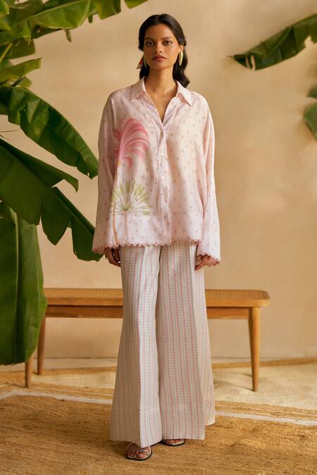 Buy Moh India Pink Chanderi, Silk Collared Dusty Rose Printed Designer Shirt Online at Aza Fashions Buy_Moh India_Pink Chanderi, Silk Collared Dusty Rose Printed Designer Shirt _Online_at_Aza_Fashions