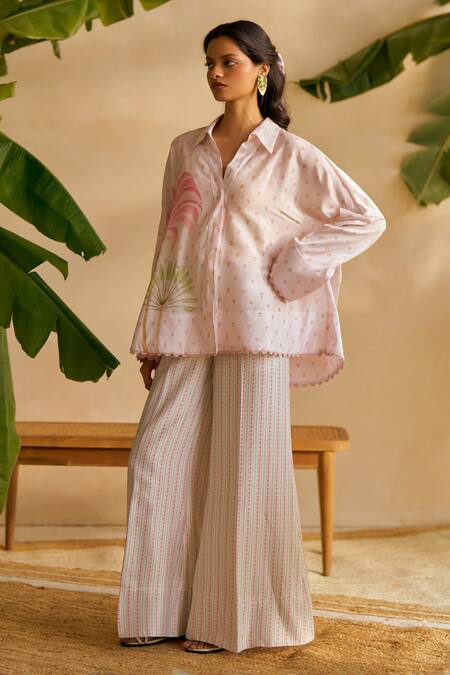 Shop Moh India Pink Chanderi, Silk Collared Dusty Rose Printed Designer Shirt Online at Aza Fashions Shop_Moh India_Pink Chanderi, Silk Collared Dusty Rose Printed Designer Shirt _Online_at_Aza_Fashions