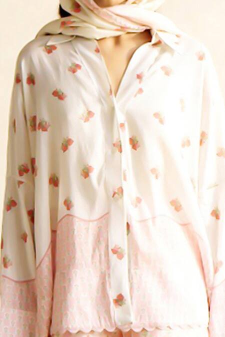 Moh India_Ivory Chanderi Silk Collared Floral Print Shirt _Online_at_Aza_Fashions