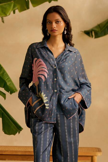 Moh India_Navy Silk, Embroidery Collared Midnight Blue Pant Set _Online_at_Aza_Fashions
