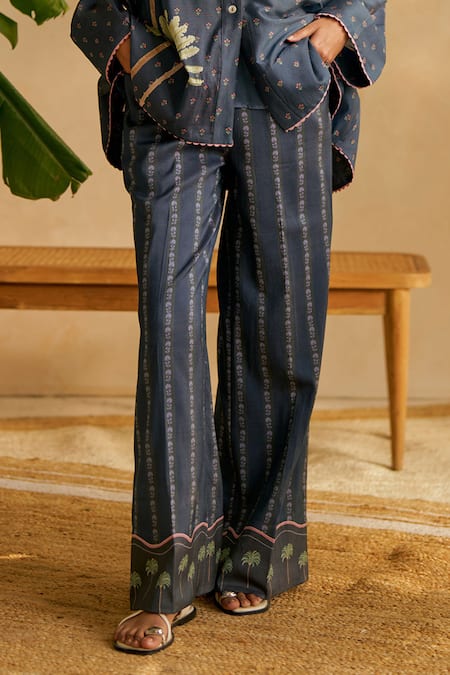 Buy_Moh India_Navy Silk, Embroidery Collared Midnight Blue Pant Set _Online_at_Aza_Fashions
