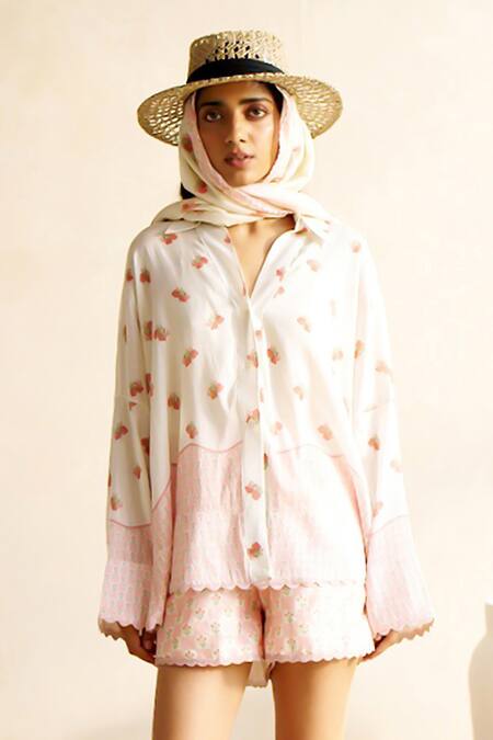 Moh India_Ivory Chanderi, Cotton Embroidery Collared Rouge Pomme Co-ord Set _Online_at_Aza_Fashions