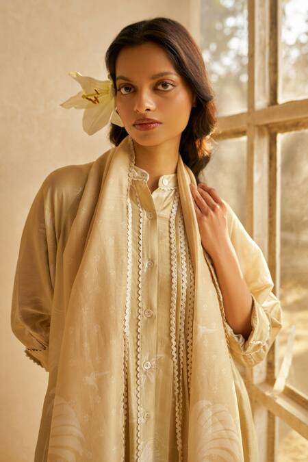Moh India_Beige Silk, Cotton, Collared Moonlit Palms Kurta Set _Online_at_Aza_Fashions