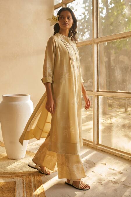 Buy_Moh India_Beige Silk, Cotton, Collared Moonlit Palms Kurta Set _Online_at_Aza_Fashions