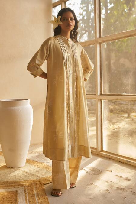 Shop_Moh India_Beige Silk, Cotton, Collared Moonlit Palms Kurta Set _Online_at_Aza_Fashions