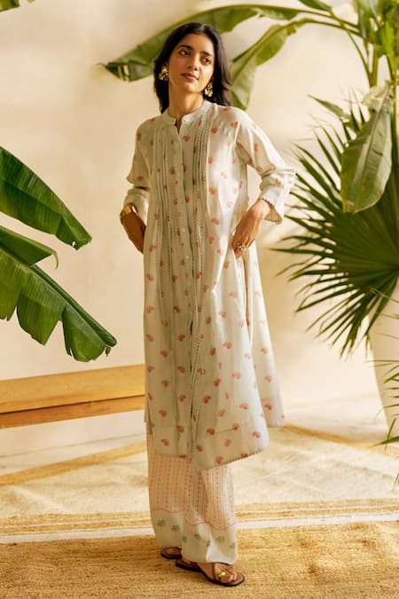 Moh India_Mint , Silk Embroidery Collared Pomme Sauvage Kurta Set _at_Aza_Fashions