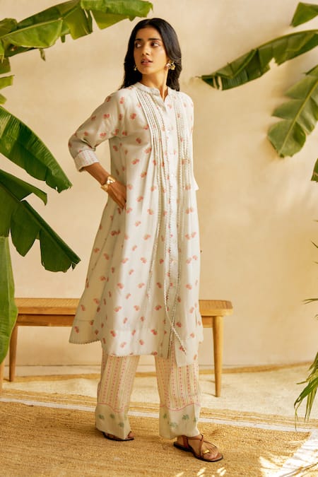 Buy_Moh India_Mint , Silk Embroidery Collared Pomme Sauvage Kurta Set 