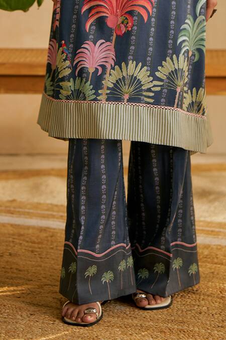 Moh India_Blue Linen, Cotton Embroidery Open Neck Pana Noir Kurta Set _Online_at_Aza_Fashions