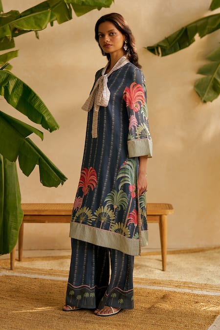 Buy_Moh India_Blue Linen, Cotton Embroidery Open Neck Pana Noir Kurta Set _Online_at_Aza_Fashions
