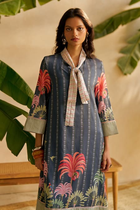 Shop_Moh India_Blue Linen, Cotton Embroidery Open Neck Pana Noir Kurta Set _Online_at_Aza_Fashions