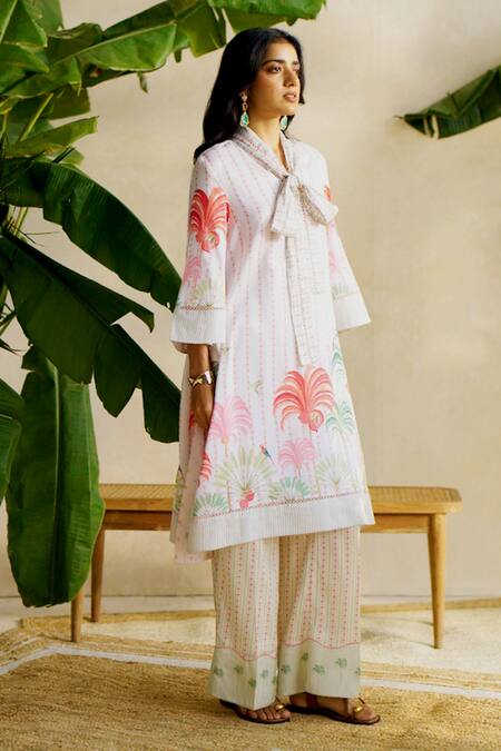 Moh India_Ivory Linen, Cotton Embroidery Open Neck Verde Plume Kurta Set _Online_at_Aza_Fashions