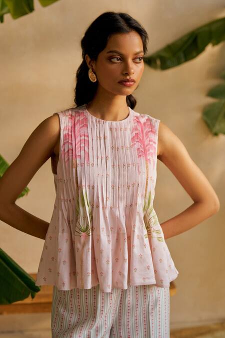 Moh India_Pink Chanderi Silk, Cotton Embroidery Round Rouge Bliss Peplum Top And Pant Set _Online_at_Aza_Fashions