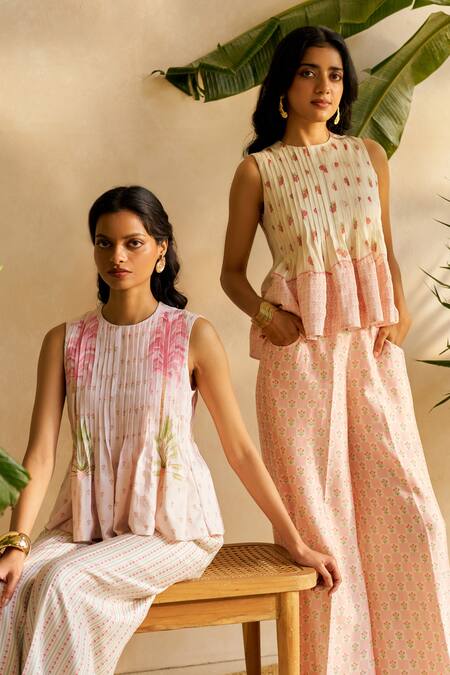 Buy_Moh India_Pink Chanderi Silk, Cotton Embroidery Round Rouge Bliss Peplum Top And Pant Set _Online_at_Aza_Fashions