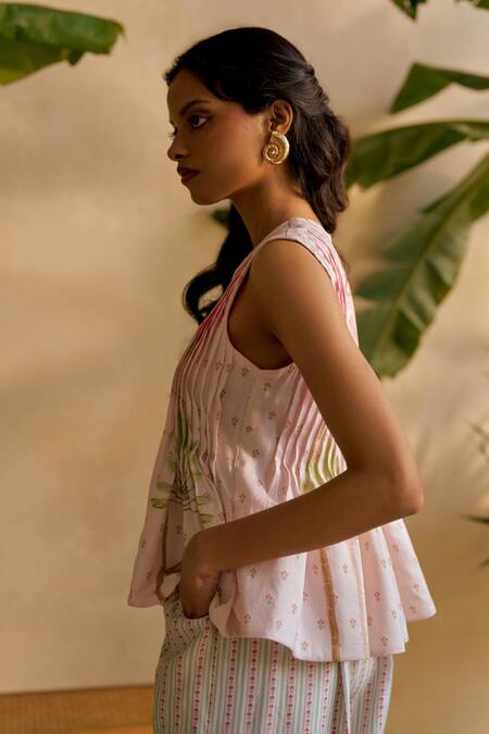 Shop_Moh India_Pink Chanderi Silk, Cotton Embroidery Round Rouge Bliss Peplum Top And Pant Set _Online_at_Aza_Fashions