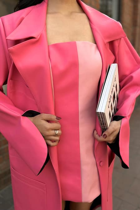 July Issue Pink Faux Leather Bandeau Neck Eloisa Blazer And Dress Set Online at Aza Fashions July Issue_Pink Faux Leather Bandeau Neck Eloisa Blazer And Dress Set _Online_at_Aza_Fashions