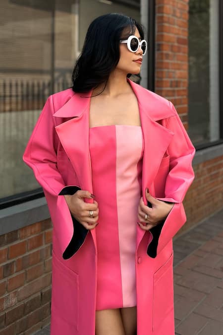 Shop July Issue Pink Faux Leather Bandeau Neck Eloisa Blazer And Dress Set Online at Aza Fashions Shop_July Issue_Pink Faux Leather Bandeau Neck Eloisa Blazer And Dress Set _Online_at_Aza_Fashions