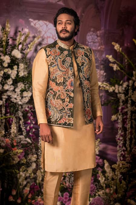 Shop_Aindhri By Mahitha_Peach Tissue Embroidery Nehru Jacket Set _at_Aza_Fashions