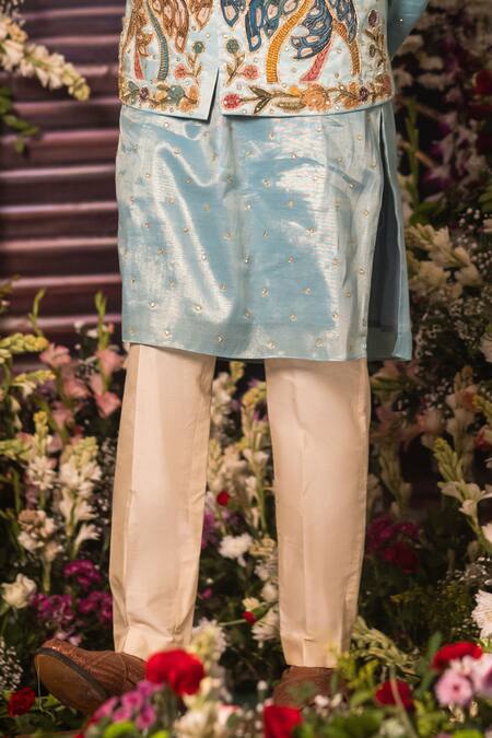 Aindhri By Mahitha_Blue Tissue Embroidery Designer Nehru Jacket Set _Online_at_Aza_Fashions