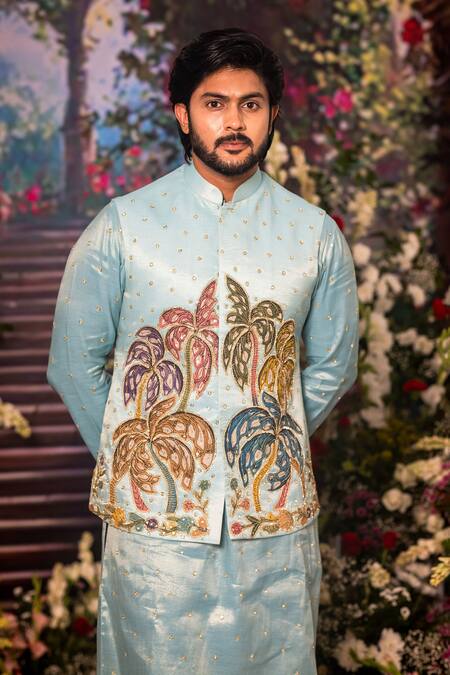 Buy_Aindhri By Mahitha_Blue Tissue Embroidery Designer Nehru Jacket Set _Online_at_Aza_Fashions