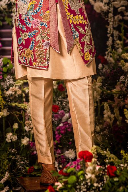 Aindhri By Mahitha_Magenta , Satin Embroidery Tissue Nehru Jacket Set _Online_at_Aza_Fashions