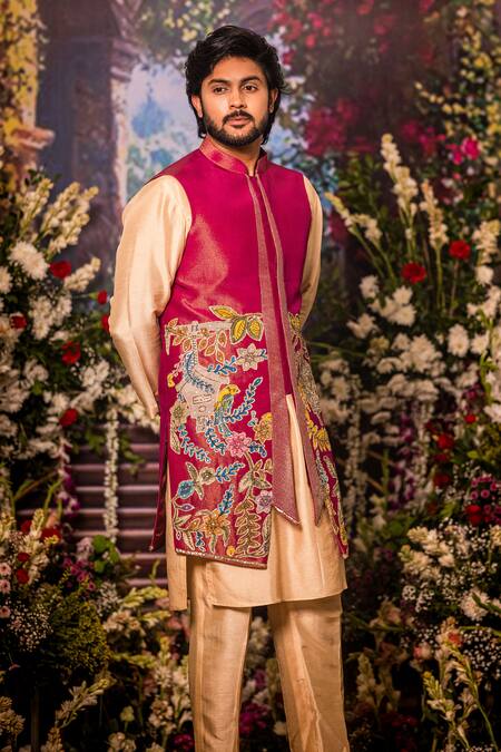 Buy_Aindhri By Mahitha_Magenta , Satin Embroidery Tissue Nehru Jacket Set _Online_at_Aza_Fashions