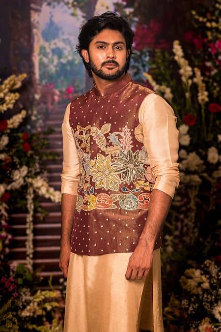 Buy_Aindhri By Mahitha_Beige Tissue Embroidery Designer Nehru Jacket Set _Online_at_Aza_Fashions