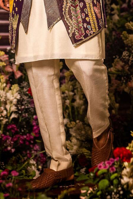 Aindhri By Mahitha_Cream Tissue Embroidery Designer Nehru Jacket Set _Online_at_Aza_Fashions