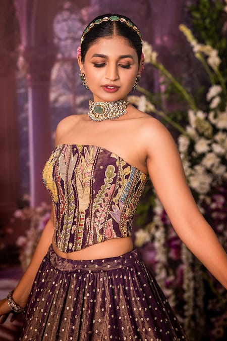 Aindhri By Mahitha_Purple Tissue Sequins Off-shoulder Designer Fusion Lehenga Set _Online_at_Aza_Fashions