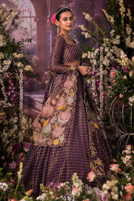 Aindhri By Mahitha_Purple Tissue Embroidery Round Neck Floral Lehenga Set _Online_at_Aza_Fashions