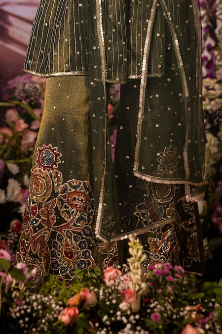 Aindhri By Mahitha_Green Tissue Sequins, Embroidery Square Neck Peplum Kurta Sharara Set _Online_at_Aza_Fashions