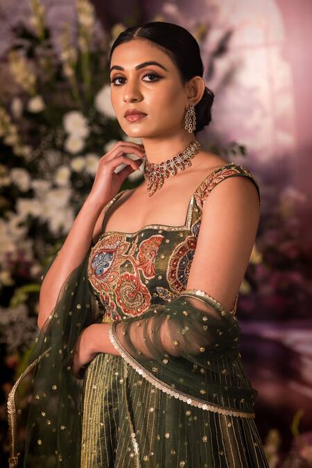 Buy_Aindhri By Mahitha_Green Tissue Sequins, Embroidery Square Neck Peplum Kurta Sharara Set _Online_at_Aza_Fashions