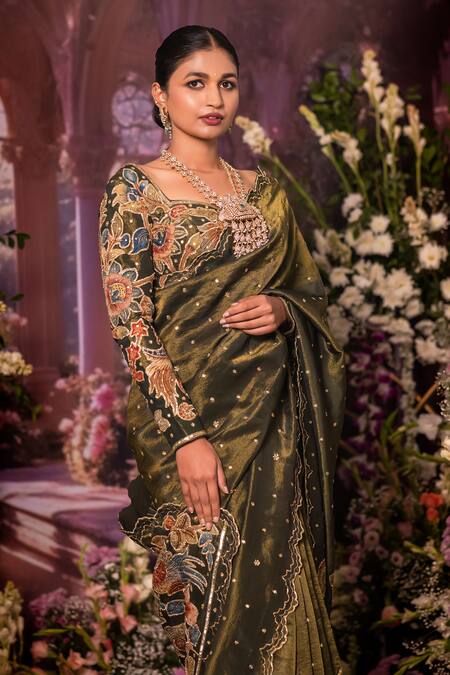 Aindhri By Mahitha_Green Silk Embroidery Round Neck Tissue Saree And Blouse _Online_at_Aza_Fashions